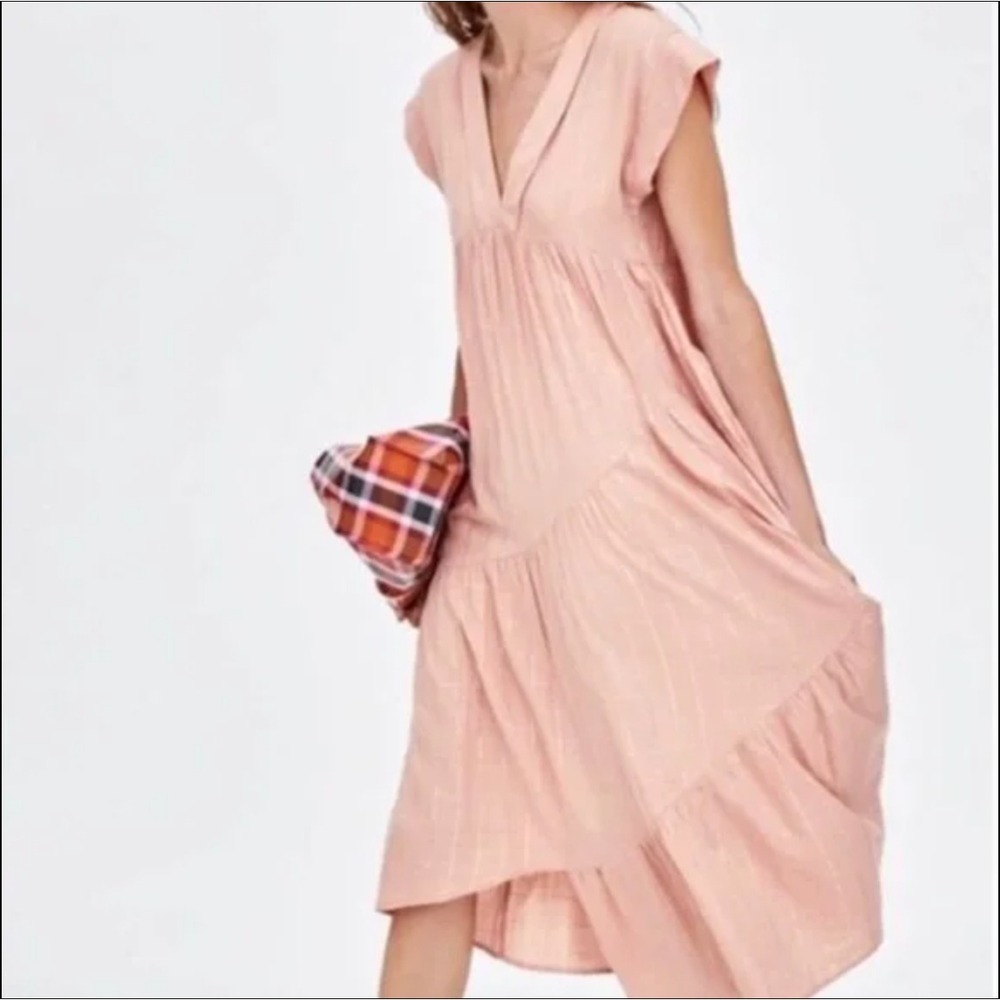 Zara Dress Women M Pink TRF Collection Midi V-Neck Tiered Metallic Grid Boho